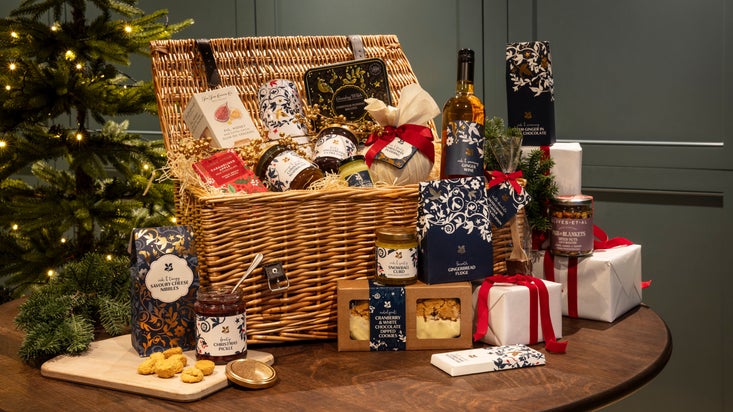 Food and drink in a luxury Christmas hamper